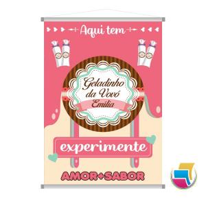 Banner 70x90cm Lona 440g 70x90cm 4x0 Brilho Madeira e cordinha 